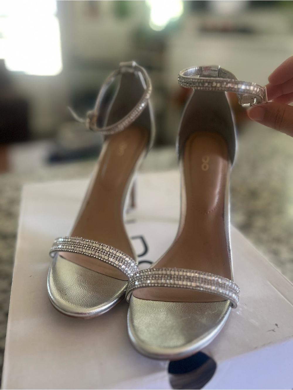 Aldo Silver Rhinestone Ankle-Strap Heels